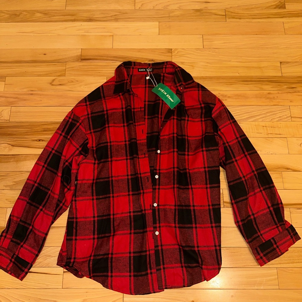 Red and Black Plaid Button-Down Shirt